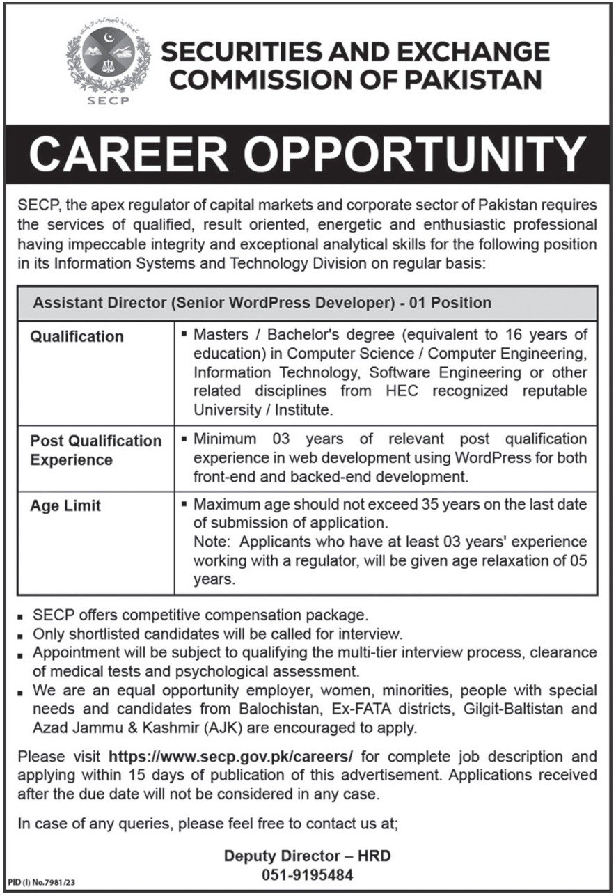 Securities & Exchange Commission Of Pakistan Jobs 2024 Jobs 2024 — original advertisement