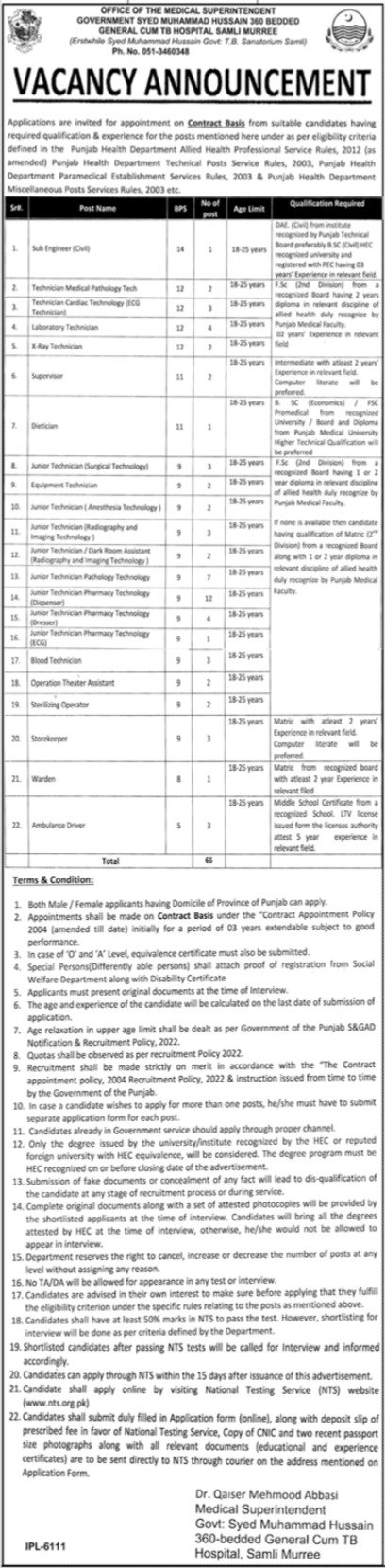 Syed Muhammad Hussain Govt TB Sanatorium Murree Jobs 2024 Jobs 2024 — original advertisement
