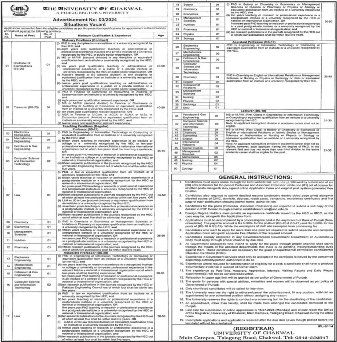 University of Chakwal Punjab Jobs 2024 Jobs 2024 — original advertisement