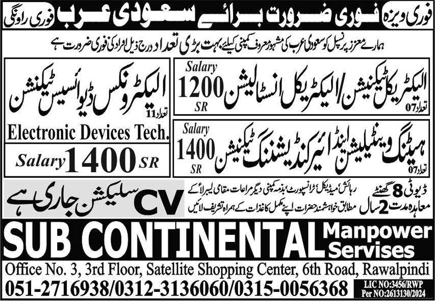 Heating Ventilation Technician Jobs 2024 In Saudi Arabia – Sub Continental Manpower Services Jobs 2024 — original advertisement