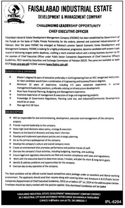 Faisalabad Industrial Estate Development & Management Jobs – Private Company Jobs 2024 — original advertisement
