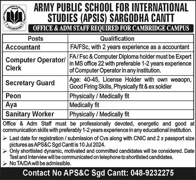 Army Public School APSIS Jobs 2024 – Army Public School & College Paksitan Jobs 2024 — original advertisement