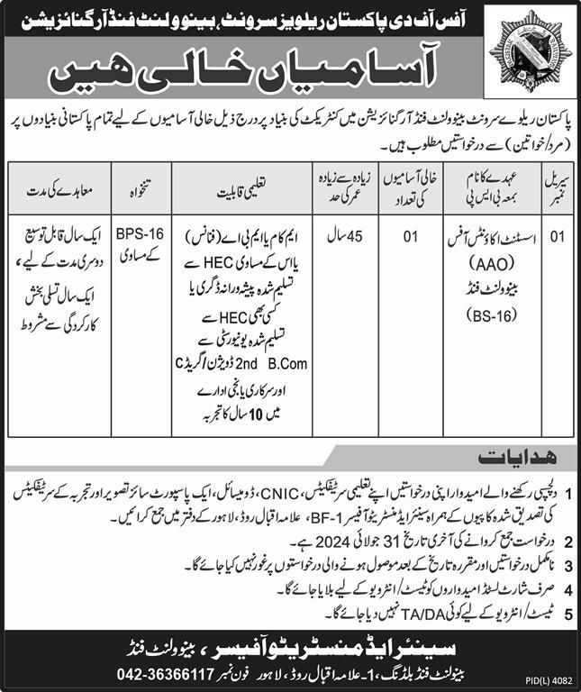 Pakistan Railways Benovelent Fund Organization Jobs 2024 – Ministry of Railways Islamabad Jobs 2024 — original advertisement