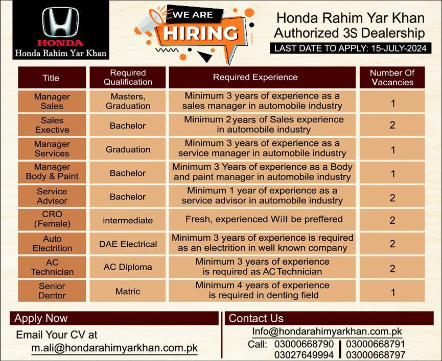 Honda Rahim Yar Khan Punjab Jobs 2024 – Atlas Honda Jobs 2024 — original advertisement