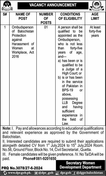 Women Development Department Balochistan Jobs 2024 Jobs 2024 — original advertisement