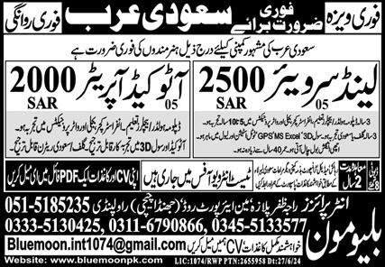 AutoCAD Operator & Land Surveyor Jobs 2024 In Saudi Arabia – Blue Moon Enterprises Jobs 2024 — original advertisement
