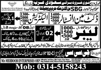 Duct Man Installer & Labor Jobs 2024 In Saudi Arabia – GCC Techni Test & Training Center Telecom Jobs 2024 — original advertisement