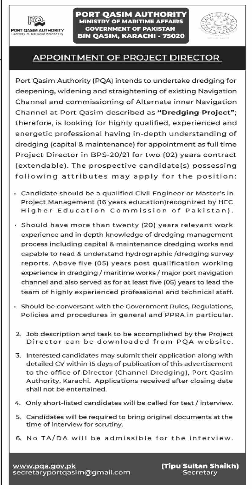 Port Qasim Authority PQA Karachi Sindh Jobs 2024 – Port Qasim Authority Karachi Jobs 2024 — original advertisement