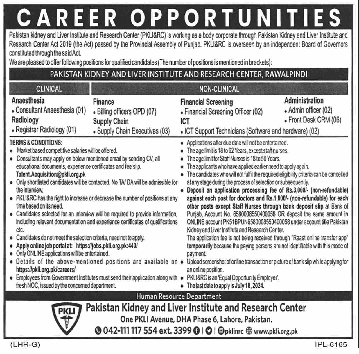 Pakistan Kidney And Liver Institute And Research Jobs 2024 – Pakistan Kidney And Liver Institute (PKLI) And Research Centre Lahore Jobs 2024 — original advertisement