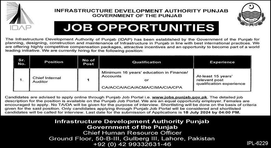 Infrastructure Development Authority  Lahore Jobs 2024 – Infrastructure Development Authority Punjab Jobs 2024 — original advertisement