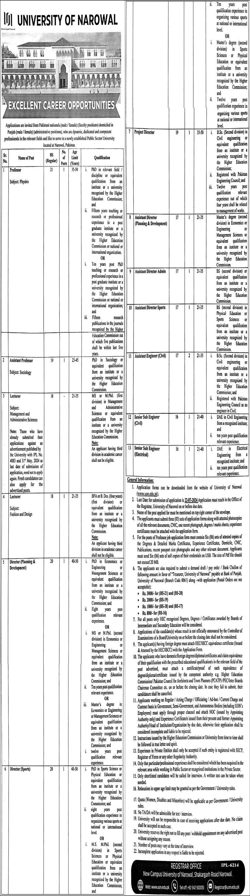 University of Narowal Punjab Jobs 2024 Jobs 2024 — original advertisement