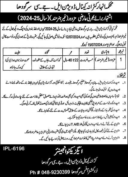 Anhar Department Canal Division Sargodha Jobs 2024 – Irrigation Department Punjab Jobs 2024 — original advertisement