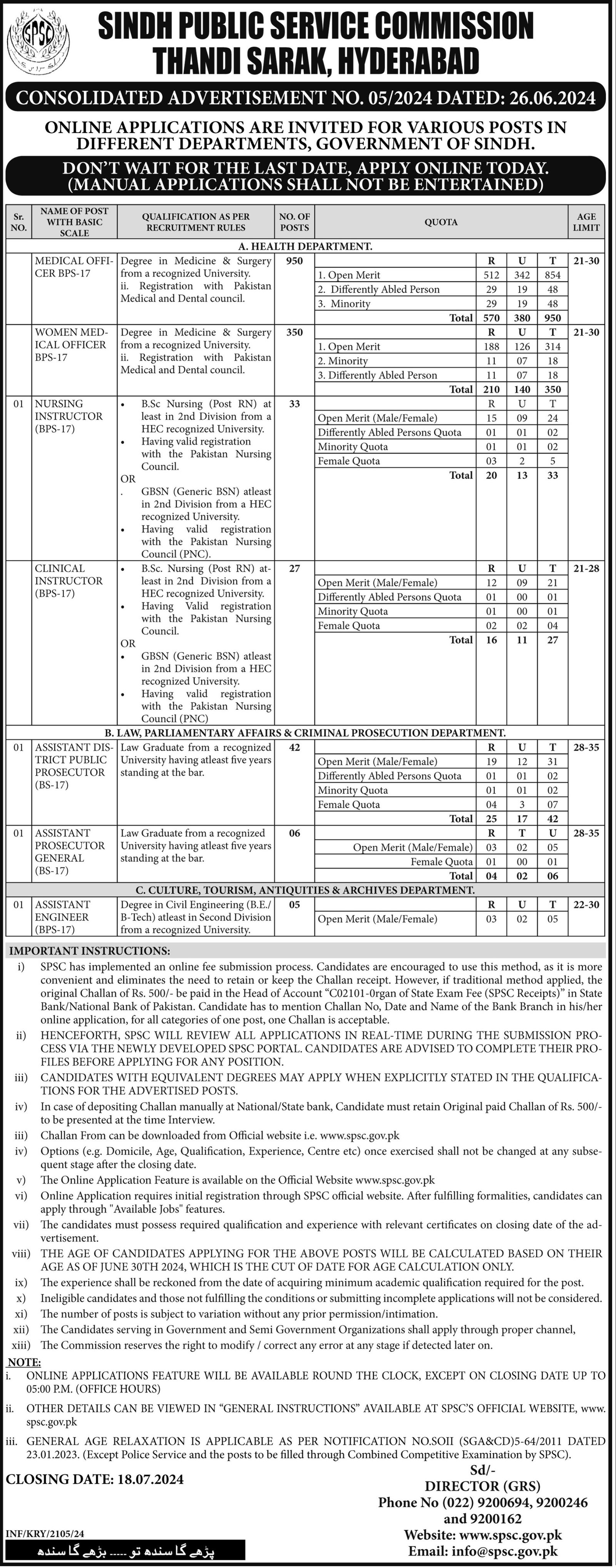 SPSC Sindh Public Service Commission Jobs Ad No 05 2024 – Sindh Public Service Commission at Karachi Jobs 2024 — original advertisement
