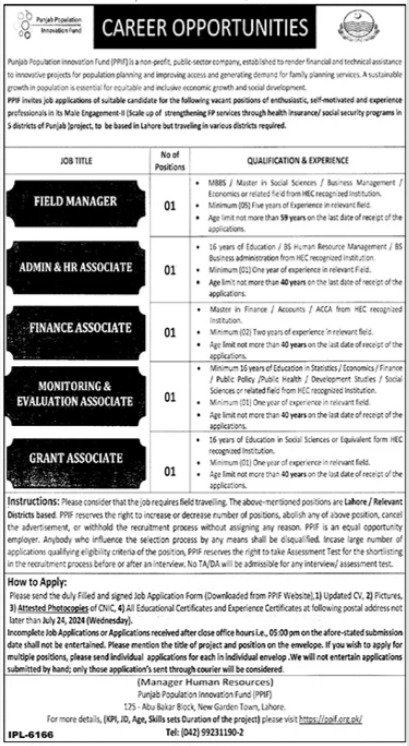Punjab Population Innovation Fund PPIF Jobs 2024 – Private Sector Organization Jobs 2024 — original advertisement