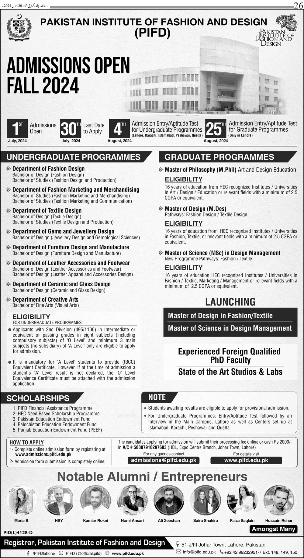 Admission Open in Pakistan Institute of Fashion & Design pid – Pakistan Institute of Fashion and Design PIFD Lahore Admissions 2024 — original advertisement