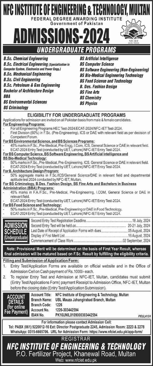 Admission Open in Nfc Institute of Engineering And Technolog – NFC Institute of Engineering & Technology Multan Admissions 2024 — original advertisement
