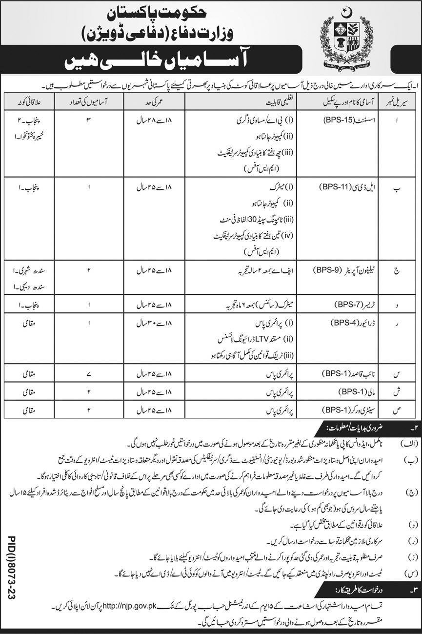 Ministry of Defence Islamabad Jobs 2024 – Ministry of Defence Pakistan Jobs 2024 — original advertisement