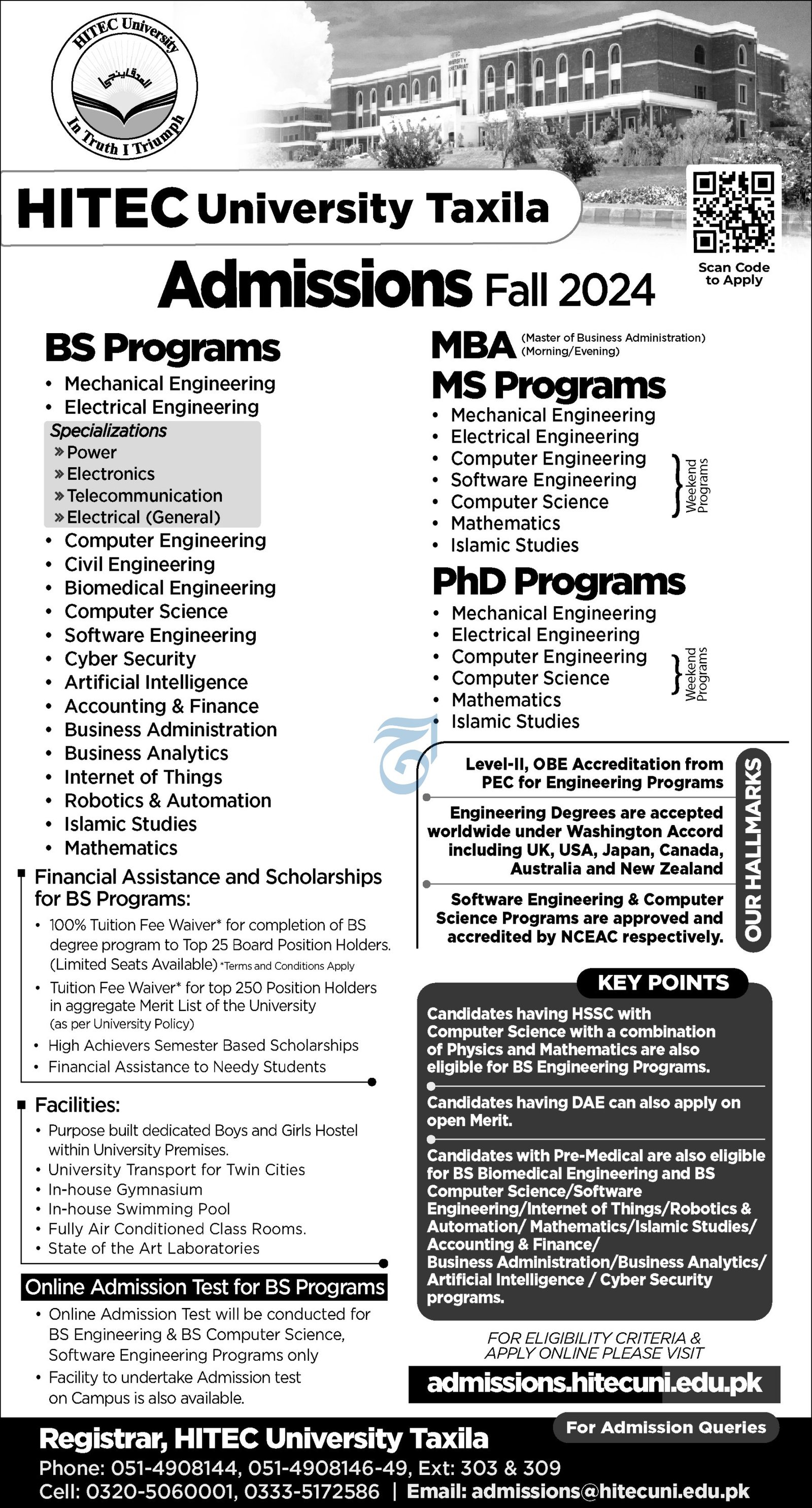 Admission Open in Hitec university Taxila 2024 Admissions 2024 — original advertisement