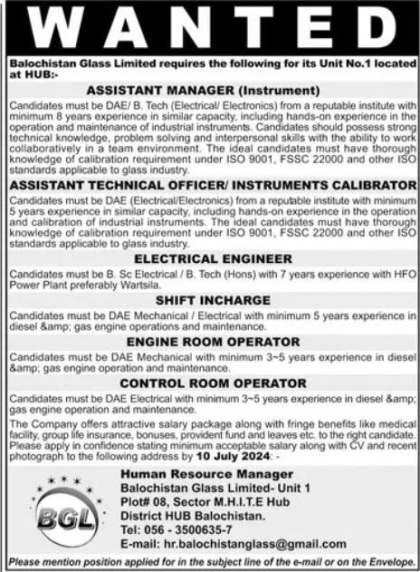Balochistan Glass Limited Hub Jobs 2024 Jobs 2024 — original advertisement