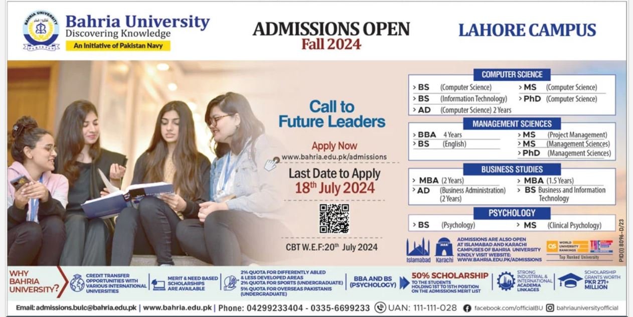 Admission Open in Bahria Univeristy Lahore Campus 2024 – Bahria University Admissions 2024 — original advertisement