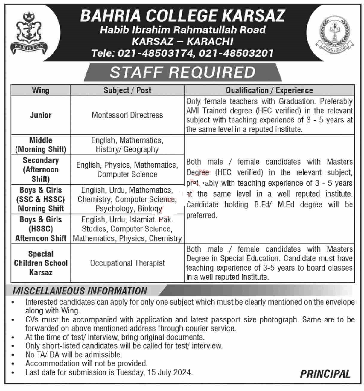 Bahria College Karsaz Karachi Sindh Jobs 2024 – Bahria University Jobs 2024 — original advertisement