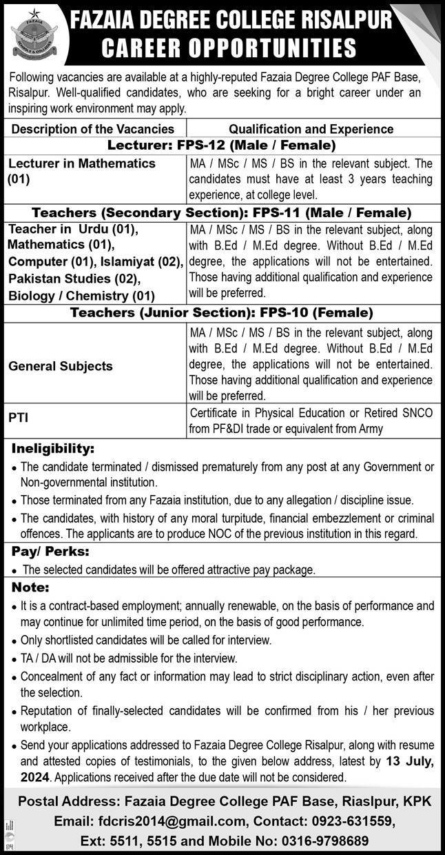 Fazaia Inter College Karachi Jobs 2024 – Fazaia Schools & Colleges Jobs 2024 — original advertisement