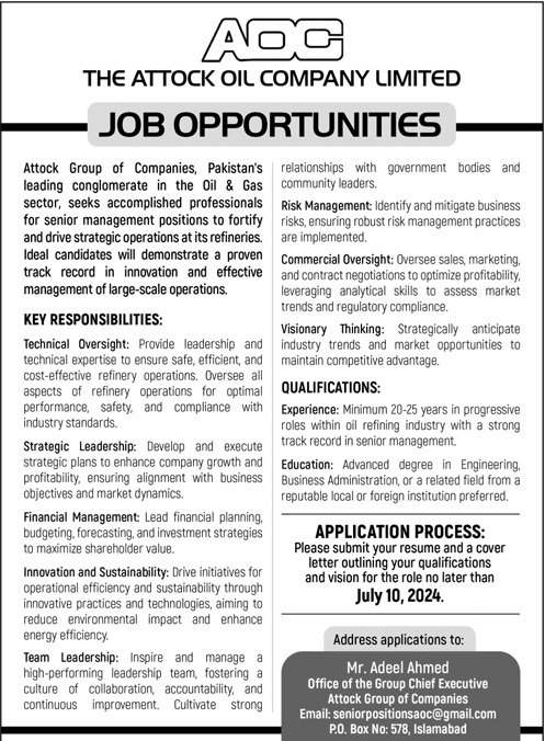 Attock Oil Company Islamabad Jobs 2024 – Private Company Jobs 2024 — original advertisement