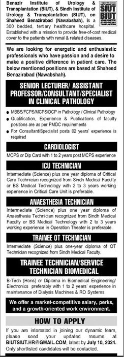 Benazir Institute Of Urology BIUT Jobs 2024 – benazir institute of urology & transplantation BUIT Jobs 2024 — original advertisement