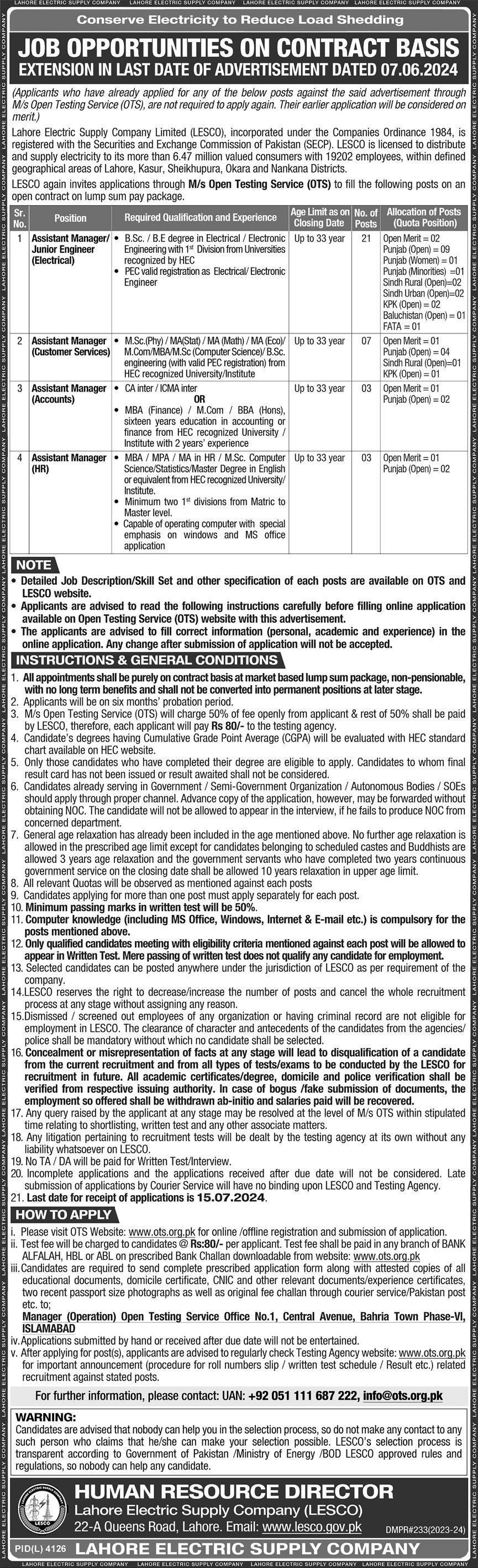 Lahore Electric Power supply Company Jobs 2024 – Lahore Electric Supply Company LESCO Lahore Jobs 2024 — original advertisement