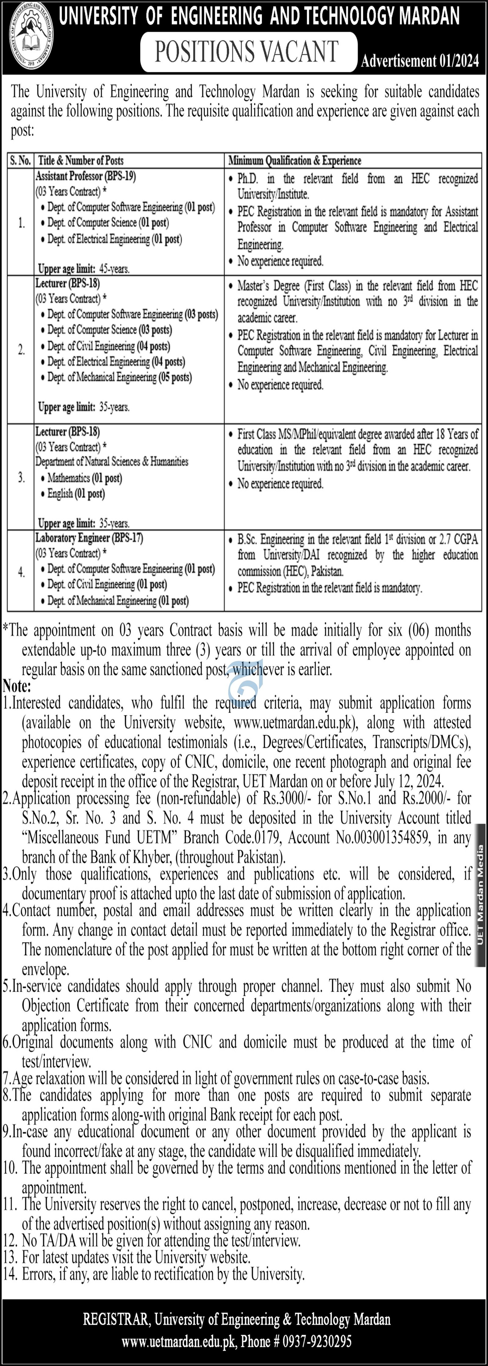 University of Engineering and Technology UET  Mardan Jobs – UEIT University of Engineering & Information Technology Jobs 2024 — original advertisement
