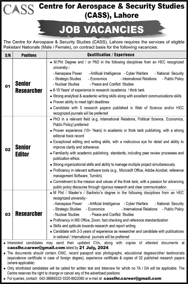 Centre of Aerospace & Security Studies Cass Lahore Job 2024 – Centre For Aerospace & Security Studies CASS Jobs 2024 — original advertisement