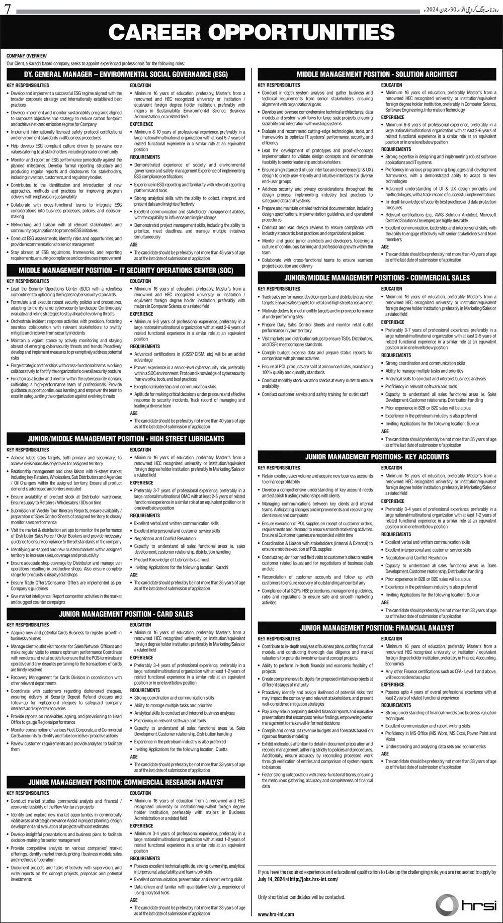 Human Resource Solution International HRSI Jobs 2024 – HRSG People and Business karachi Jobs 2024 — original advertisement