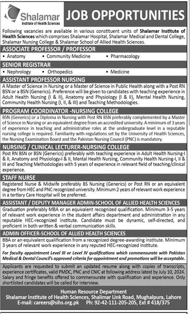 Shalamar Institute Of Health Sciences Jobs 2024 4 Jobs 2024 — original advertisement
