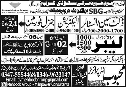 Duckman Instlor And Labour Jobs 2024 – Mehboob Enterprises Overseas Employment Promoters Jobs 2024 — original advertisement
