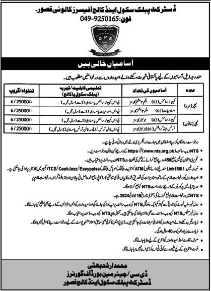 District Public School & College Kasur Punjab Jobs 2024 Jobs 2024 — original advertisement