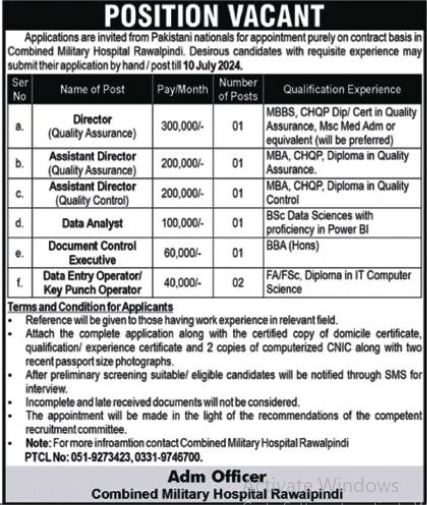 Combined Military Hospital CMH Rawalpindi Jobs 2024 Jobs 2024 — original advertisement