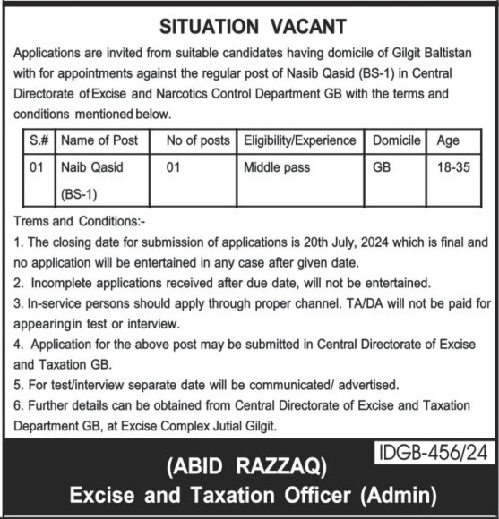 Excise Taxation & Narcotics Control Department Gilgit Jobs – Excise and Taxation Department Gilgit Baltistan Jobs 2024 — original advertisement