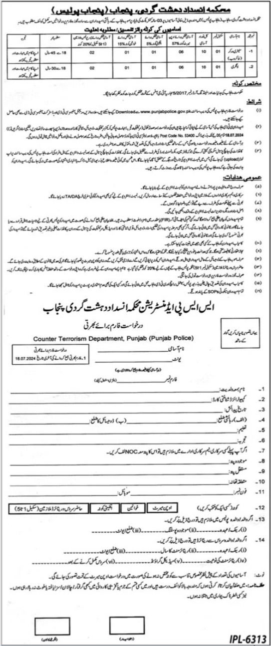 Counter Terrorism Department CTD Lahore Jobs 2024 – Counter Terrorism Department (CTD) Punjab Jobs 2024 — original advertisement