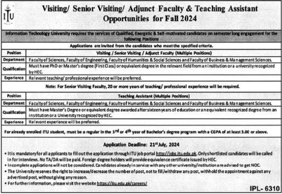 Information Technology University ITU Lahore PunjabJobs 2024 – Information Technology University of the Punjab Lahore Jobs 2024 — original advertisement