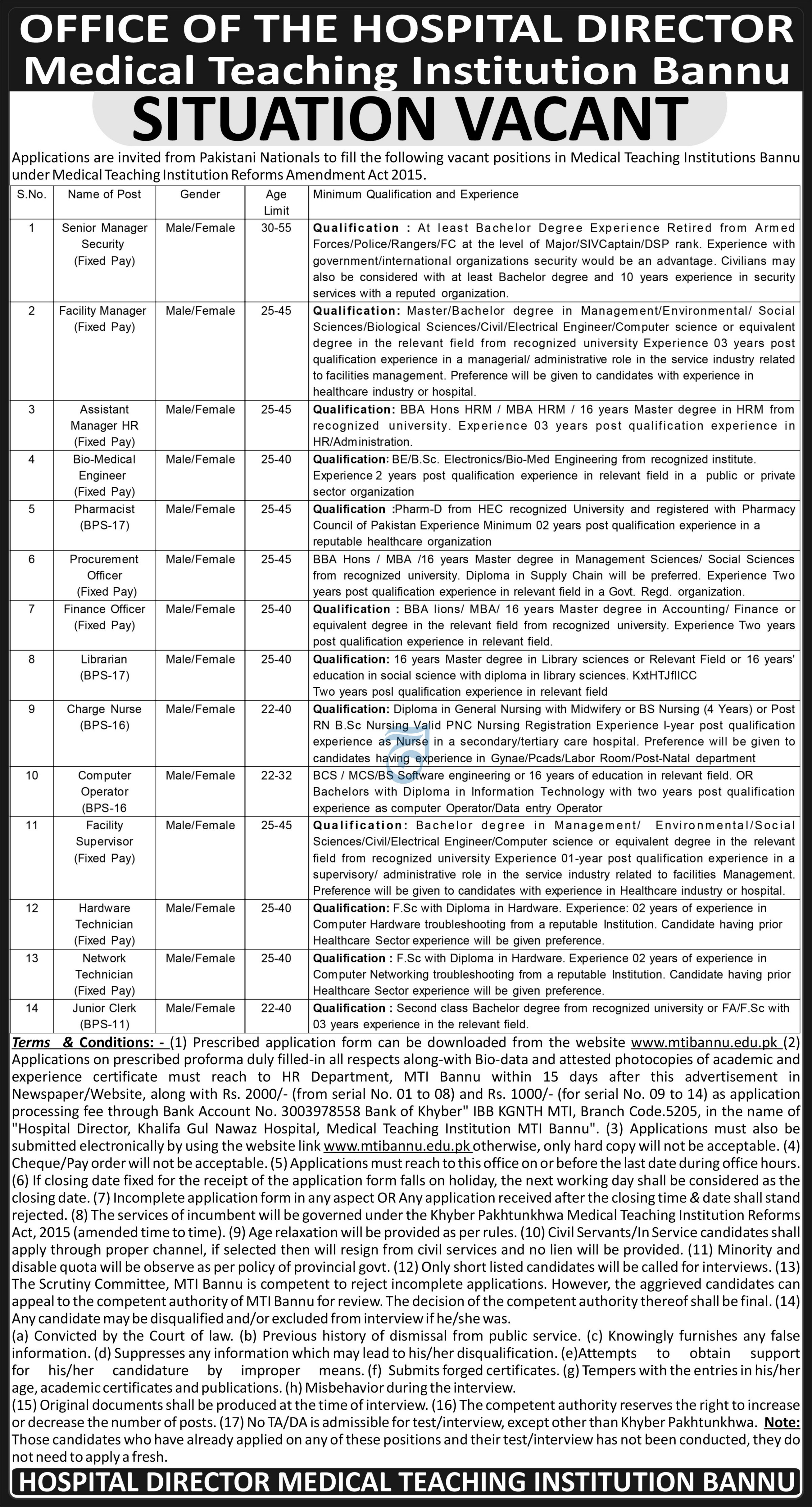 Medical Teaching Institution MTI Bannu Jobs 2024 – Medical Teaching Institute MTI Khyber Teaching Hospital Peshawar Kpk Jobs 2024 — original advertisement