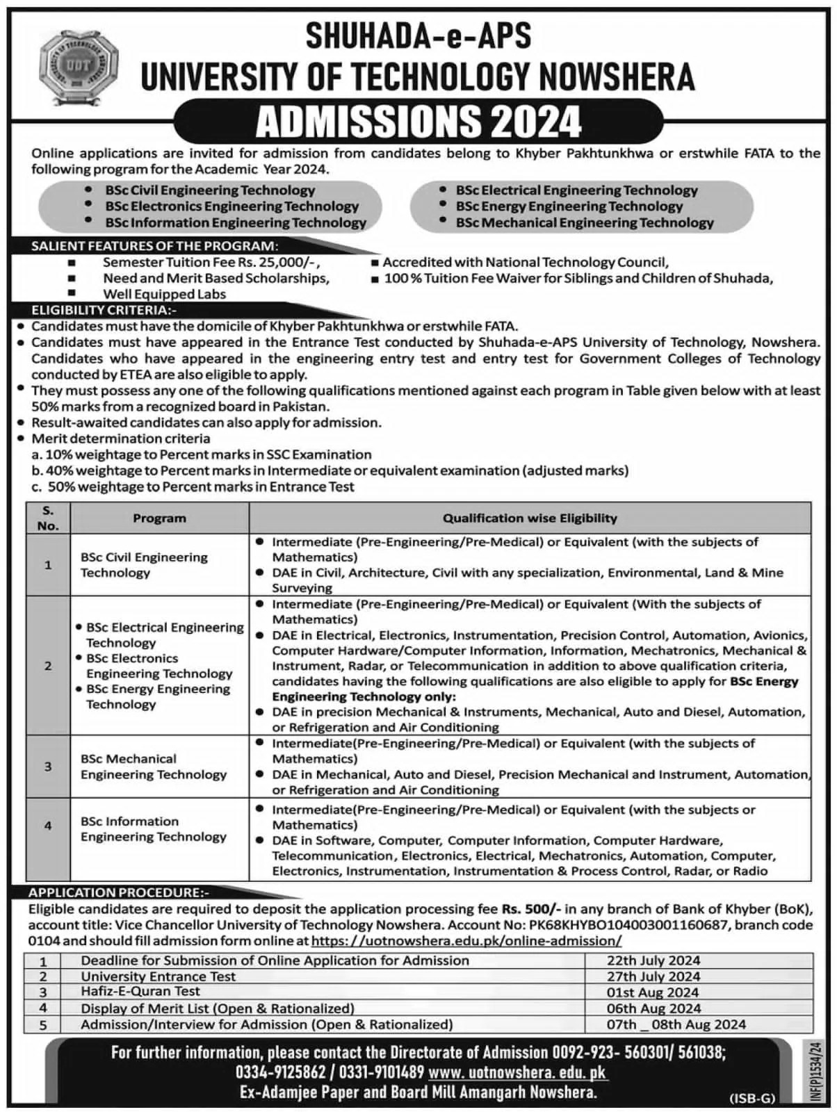 Admission Open in University of Technology Nowshera 2024 Admissions 2024 — original advertisement