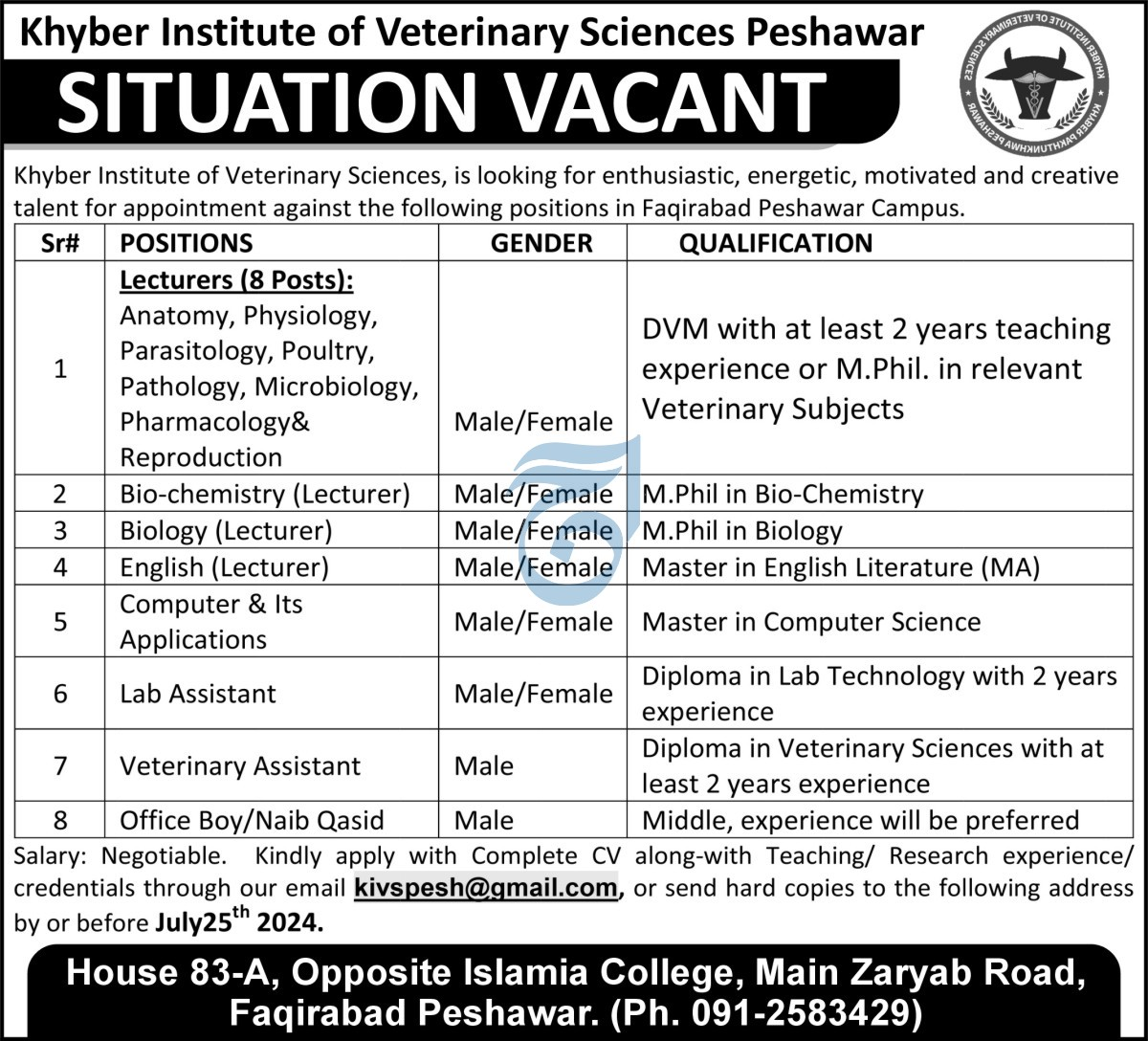 Khyber Institute of Veterinary Sciences Jobs 2024 – khyber institute of Veterinary sciences Peshawar Jobs 2024 — original advertisement