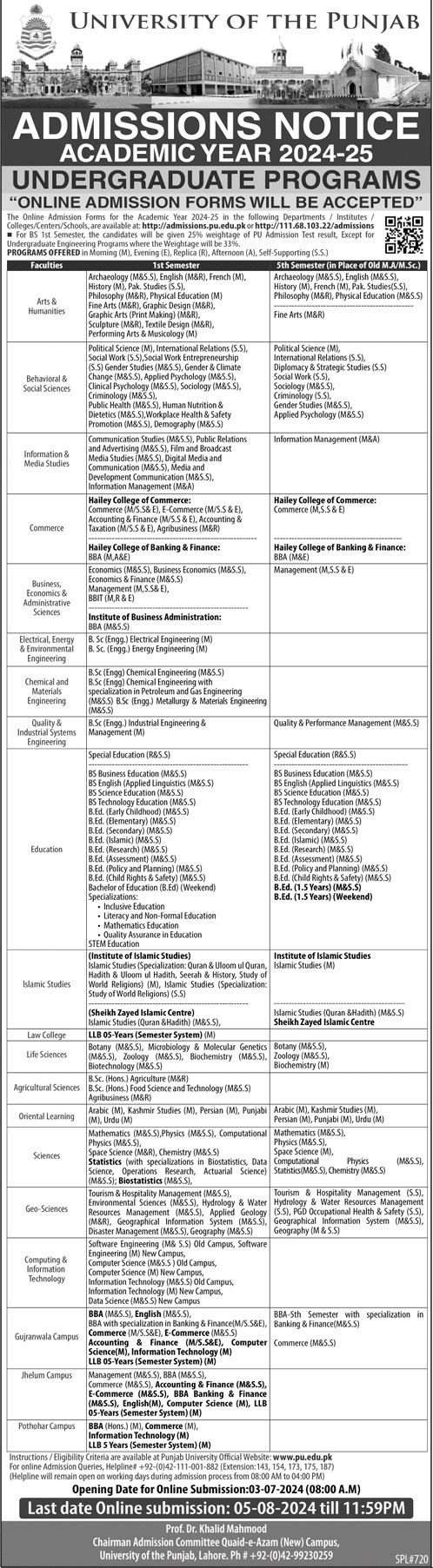 Admission Open in University Of The Punjab – University of Punjab Admissions 2024 — original advertisement