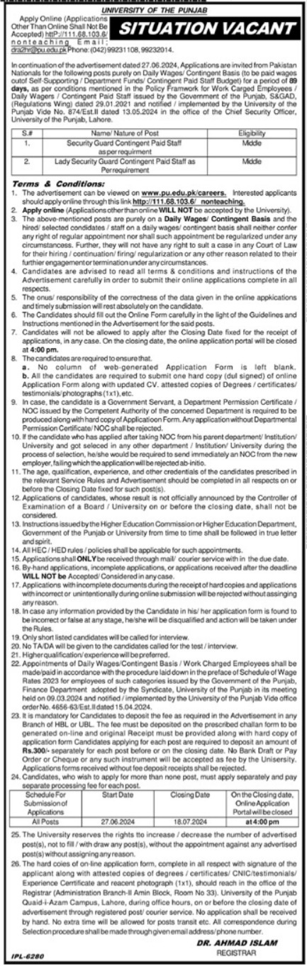 University Of The Punjab Jobs 2024 – University of Punjab Jobs 2024 — original advertisement
