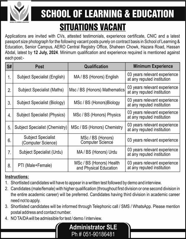 School Of Learning And Education Islamabad Jobs 2024 – Education School Department Punjab Jobs 2024 — original advertisement