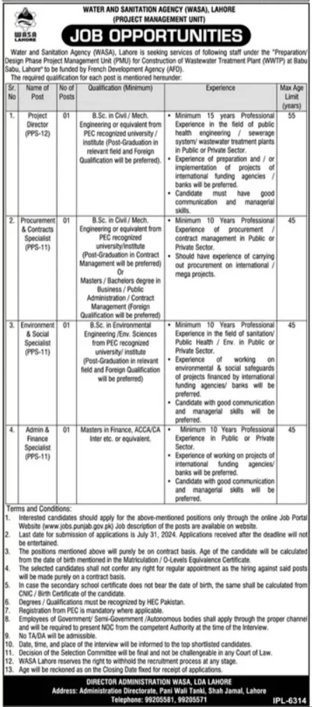 Water and Sanitation Agency WASA Lahore Jobs 2024 – Water and Sanitation Agency (LDA) Lahore Jobs 2024 — original advertisement