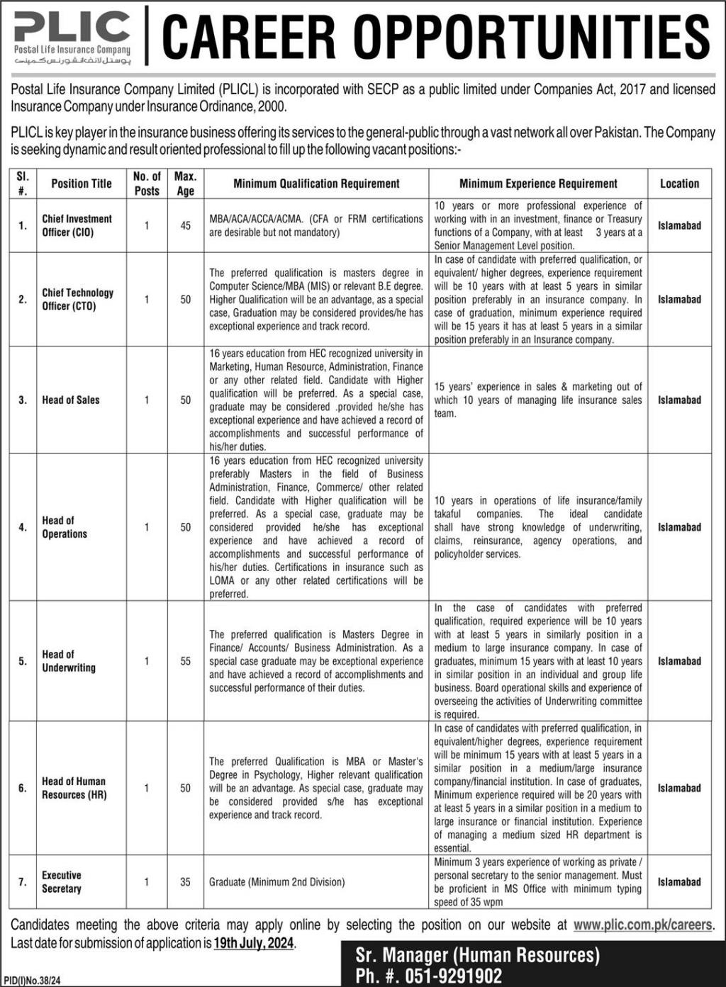Postal Life Insurance Company Islamabad Jobs 2024 – Postal Life Insurance Company Limited Jobs 2024 — original advertisement