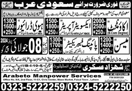 Piping Fabricator & Heavy Driver Jobs 2024 In Saudi Arabia – Shahzad Askari Technical Institute Jobs 2024 — original advertisement