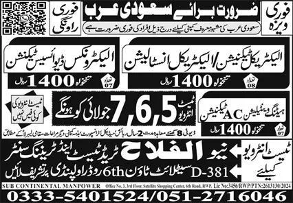 Electronics Devices Technician & Electrical Technician Jobs – Al Falah Trade Test Jobs 2024 — original advertisement