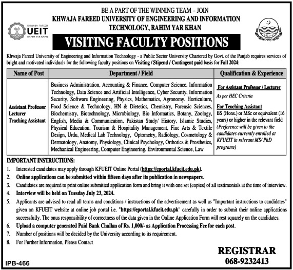 Khwaja Fareed UEIT Rahim Yar Khan Job 2024 – Khawaja Fareed University of Engineering and Information Technology Jobs 2024 — original advertisement